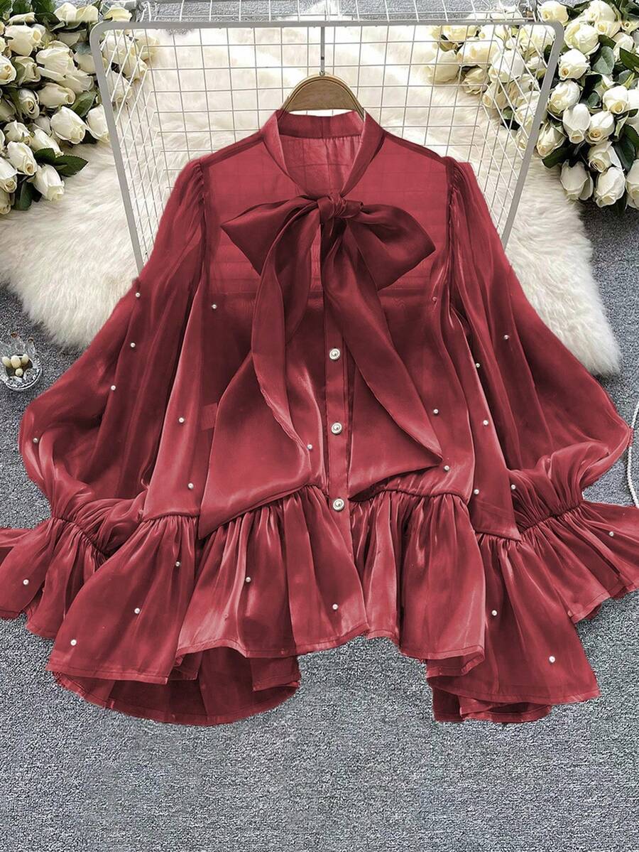 DreamSkyne 大码女式珍珠串珠蝴蝶结喇叭袖优雅衬衫