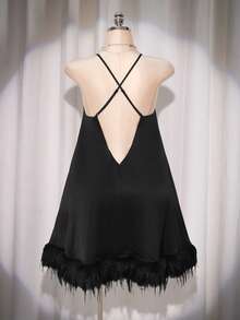 SHEIN ICON Váy ngắn satin chắp vá cỡ lớn cho nữ, dự tiệc - màu đen - Xem 2