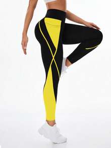 Exploreva Quần legging túi cạp cao màu tương phản dành cho nữ, phù hợp cho việc tập thể dục và chơi thể thao hàng ngày - Màu vàng - Xem 6