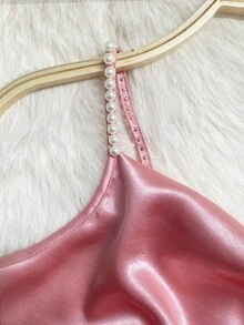 SHEIN Franclia 女士优雅缎面珍珠吊带连衣裙，A字廓形，适合通勤、派对和各种活动。