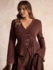 SHEIN LUNE Women's Ribbed Knit Tie Front Elegant Commute & Date Top, Autumn/Winter - Brown - View 5