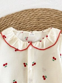 Baby Girls Pajamas-2 Piece Pajama Set Spring To Summer Cherry Print Peter Pan Collar Short Sleeve Top Long Pants Ruffle Trim Red Edge All Season Sleepwear Holiday 2026 Must Have Gift Outfit Playdate Home Lounge Elegant Cute - Multicolor - View 4
