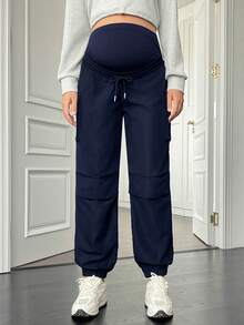 SHEIN Pantalon cargo pour femmes enceintes, couleur unie, taille avec cordon de serrage, liens aux chevilles