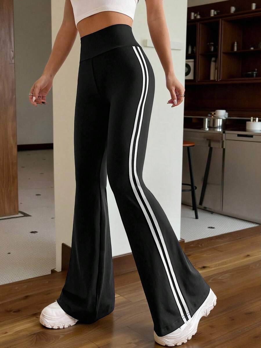 SHEIN EZwear 高腰休闲条纹侧喇叭裤