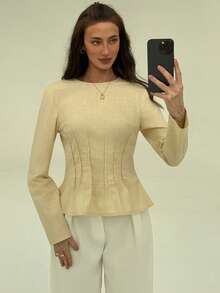 Aloruh Khaki Round Neck Raglan Sleeve Gathered Waist Fashionable Elegant Pleated Shirt - Khaki - View 3