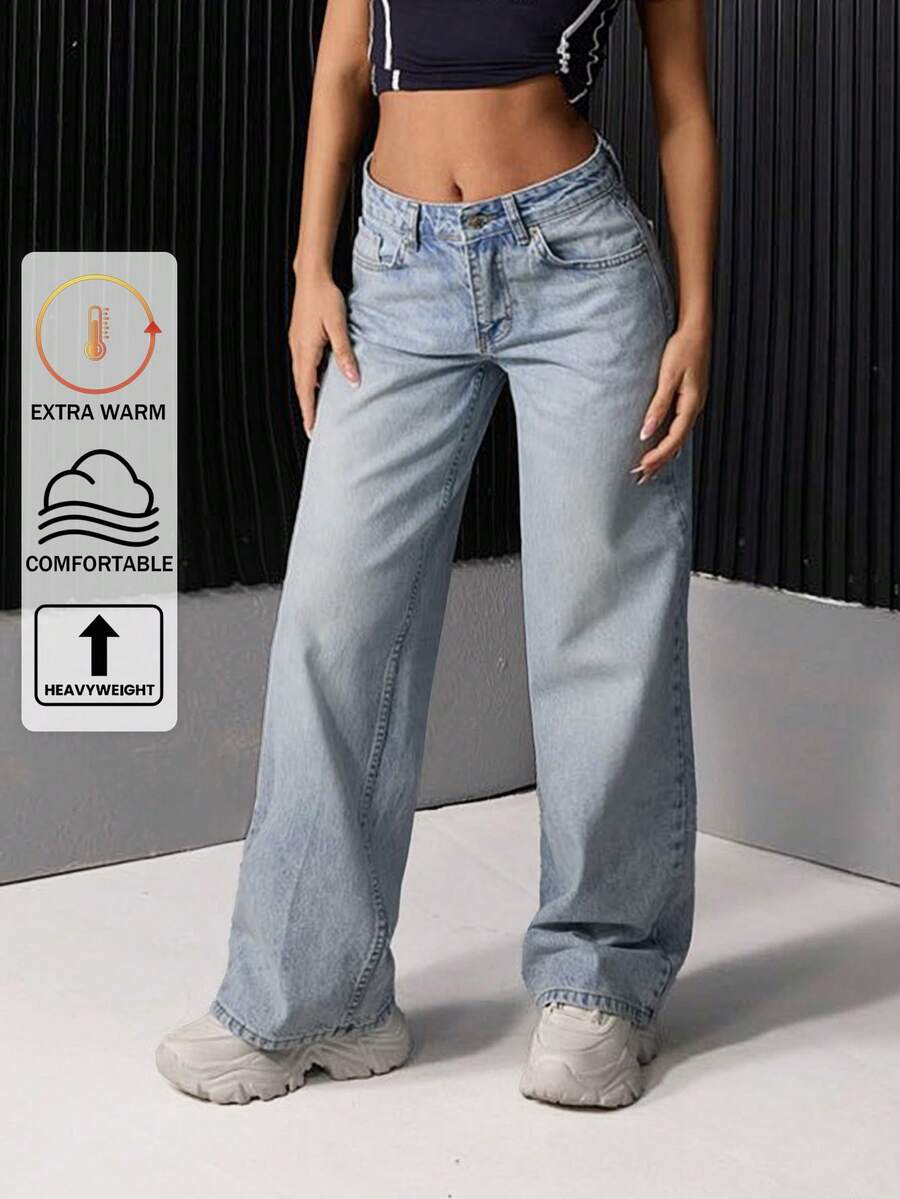 EURMUSE WOMEN WIDE LEG LOW WAIST JEANS - Light Wash - View 1