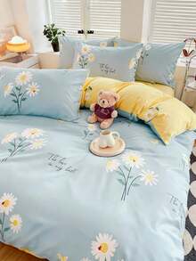 Joivida 3pcs/Set Blue Floral Printed Korean Style Countryside Style Bedding Set, Made Of Soft Aloe With Brushed Texture, Including 1 Duvet Cover And 2 Pillowcases, Multiple Sizes Available, Filling Not Included - Blue and White - View 7