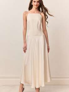 Aveloria Rosie Women's Solid Color Casual Vacation Satin Patchwork Design Spaghetti Strap Dress - Beige - View 4