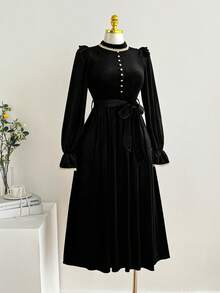 SHEIN LUNE 优雅法式花卉蕾丝拼接中长连衣裙，长袖丝绒针织腰带连衣裙，女士秋冬款 - 黑色 - 查看 6