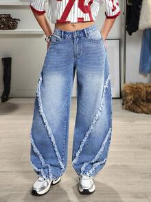 Jeanoix Y2K 时尚休闲毛边喇叭宽松牛仔裤 - 中等水洗藍 - 查看 4