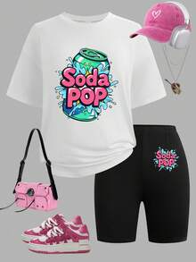 Sparklyn Bộ áo thun tay ngắn in họa tiết Soda Pop cho bé gái + quần short bó, thời trang thường ngày, phù hợp cho mùa xuân và mùa hè - trắng - Xem 3