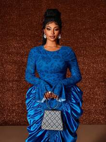 Maweii 大码女式休闲修身圆领长袖连衣裙 - 寶藍色 - 查看 2