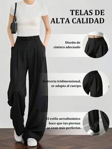 Pantalones casuales sueltos de pierna recta con plisados de cintura alta negros para mujeres, pantalones anchos de color liso, pantalones de mujer, textura, simple, casual, de moda y versátil - Negro - Ver 4