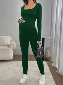 SHEIN Maternity Solid Color Long Sleeve Fitted Comfortable Jumpsuit - Dark Green - View 4