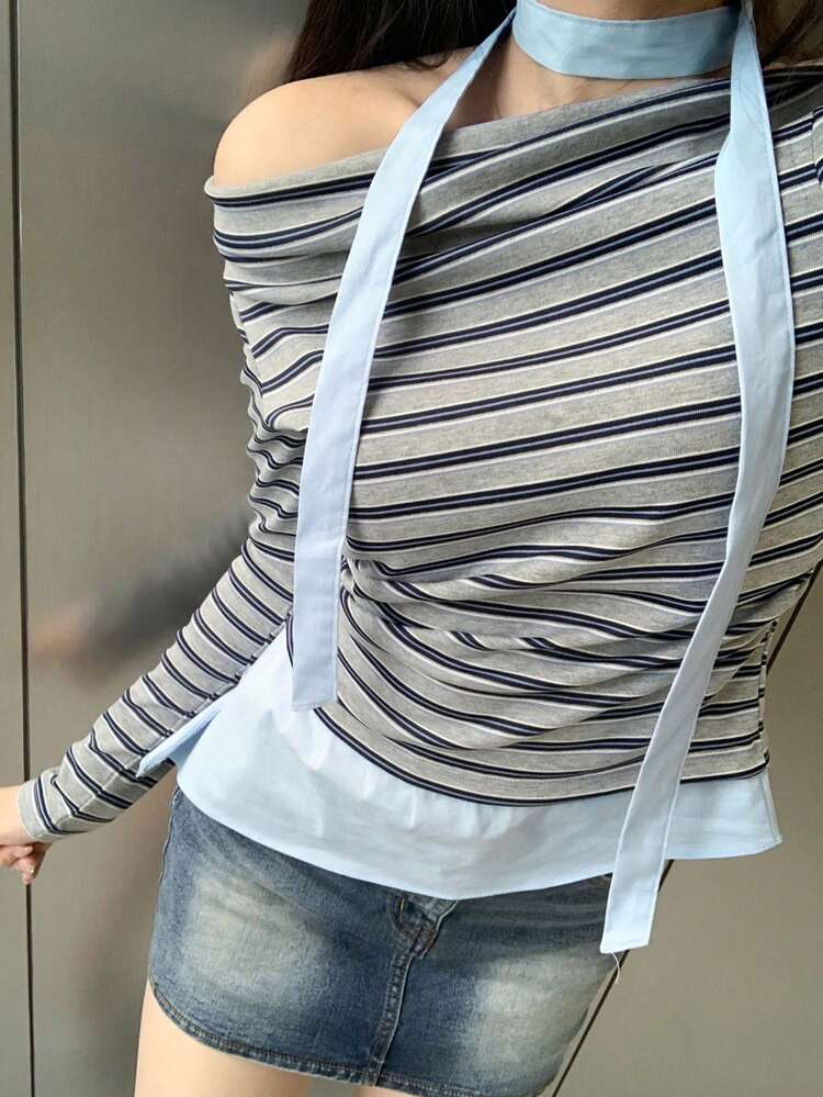 Women's Off-Shoulder Tie Decor Fitted Contrast Color Long Sleeve T-Shirt