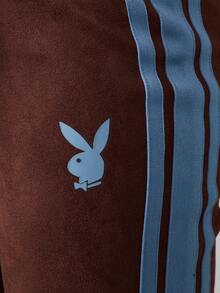 Missguided x Playboy 女士丝绒喇叭运动裤，侧边条纹，抽绳腰带，舒适宽松版型，适合秋冬休闲穿着 - 棕色 - 查看 4