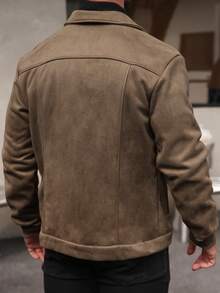 Manfinity Homme 男士保暖内衬休闲单排扣保暖夹克，秋冬短款男士夹克，棕色衬衫式夹克，男士大地色系秋季系列 - 棕色 - 查看 3