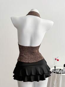 Comfortcana Women's Plaid Frill Trim Single-Breasted Halter Neck Blouse New Year's For Women Brown Polka Dot Dress - Brown - View 2