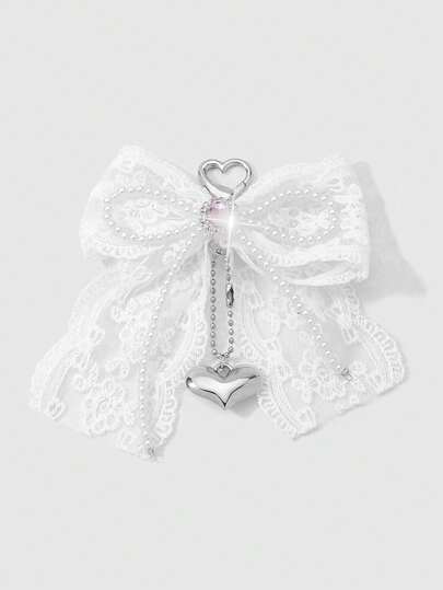 Kawaii 1 pezzo Elegante e minimalista, ciondolo portachiavi di alta qualità in pelle bianca con fiocco, decorazione a stella e cuore, catena d'argento, adatto per le donne, per uso quotidiano o come regalo
