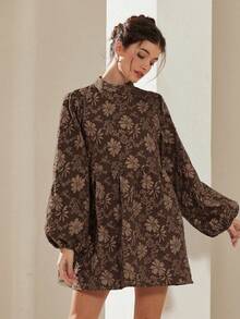 Revavyn 女士优雅纹理花卉灯笼袖A字迷你裙，秋季 - 咖啡棕 - 查看 4