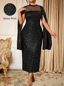 Allurite Plus Size Solid Color Mesh Patchwork Fitted Elegant Dress - Black - View 1