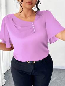 Elenzga 大码不对称荷叶边领纽扣装饰短袖优雅衬衫 - 淡紫色 - 查看 5