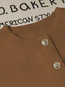 GlowEve 女士时尚腰部收紧荷叶边下摆短款开衫，独特金属纽扣装饰，别致的白色毛衣 - 棕色 - 查看 4