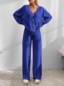 EURMUSE Drop Shoulder Cardigan & Tie Front Knit Pants - Royal Blue - View 3