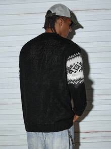 Modcrash 男士休闲百搭格子圣诞嵌花针织套头毛衣，适合春、秋、冬三季穿着。 - 黑色 - 查看 6