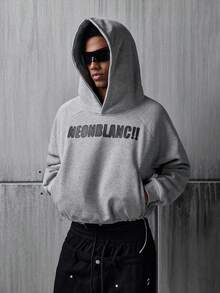 NEON BLANC Áo hoodie tay raglan in chữ màu xám cỡ tiêu chuẩn thường ngày có dây rút cho nam - Xám - Xem 2