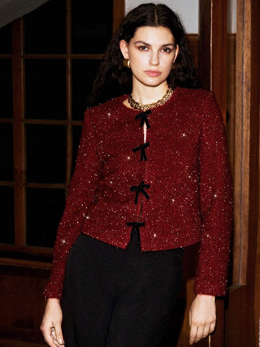 Arave Jaket Pesta Lengan Panjang Wanita Model Tweed dengan Detail Pita di Bahu dan Benang Emas Berkilau - Merah - View 1