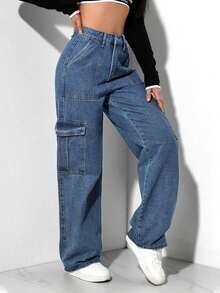 Pantalones rectos de mujer Mezclilla Pantalones cargos rectos gris sólidos, casuales y elegantes para mujer adecuados para uso diario, oficina, citas y vacaciones. - Azul - Ver 2