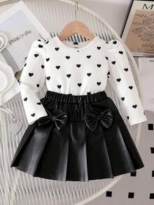 婴儿/幼儿男女通用0-3岁白色圆领长袖爱心印花上衣和纯黑色裙子两件套，适合外出、休闲穿着和派对。 - 黑與白 - 查看 3