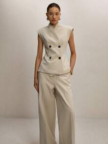 ATUI Studio Women's V-Neck Sleeveless Asymmetric Top And Loose Wide-Leg Pants Suit, Fashionable For Commuting - Khaki - View 4