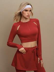 SHEIN Unity 女士休闲拉链镂空设计长袖运动T恤 - 紅色 - 查看 6