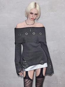ROMWE Avant Y2K Punk Ripped Design Waist Cinched Flare Sleeve Metal Grommet Accent One Shoulder Sweater - Dark Grey - View 7