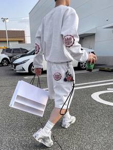 DAZY 男士秋季字母及肘部贴布印花加厚圆领套头卫衣及短裤套装 - 灰色 - 查看 2