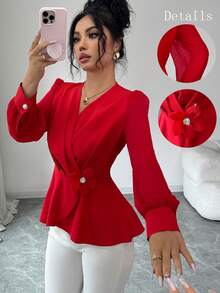 SHEIN Elenzya Elegante rote Damenbluse mit taillierter Silhouette, tiefem V-Ausschnitt, Chiffon-Patchwork, langen Ärmeln, Bindegürtel vorne und Blumenmuster – perfekt für Frühling und Herbst.