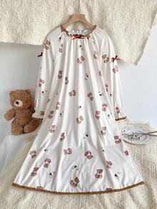 Girls' Cute Cartoon Bear Print Splice Lace Trim Loose Comfortable Long Sleeve Maxi Nightgown Dress Loungewear Little Girl Night Gown Pajamas Dress Girls Pajama Gown Kids Nightgown - Apricot - View 3