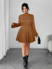 Elenzga Plus Size Women's Autumn/Winter New High Neck Elastic Knit Fitted Elegant Solid Color Dress - Brown - View 1