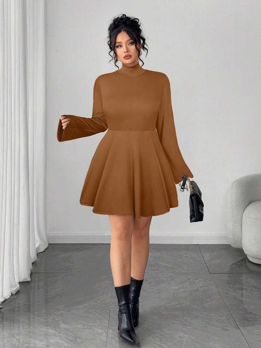 Elenzga Plus Size Women's Autumn/Winter New High Neck Elastic Knit Fitted Elegant Solid Color Dress - Brown - View 1
