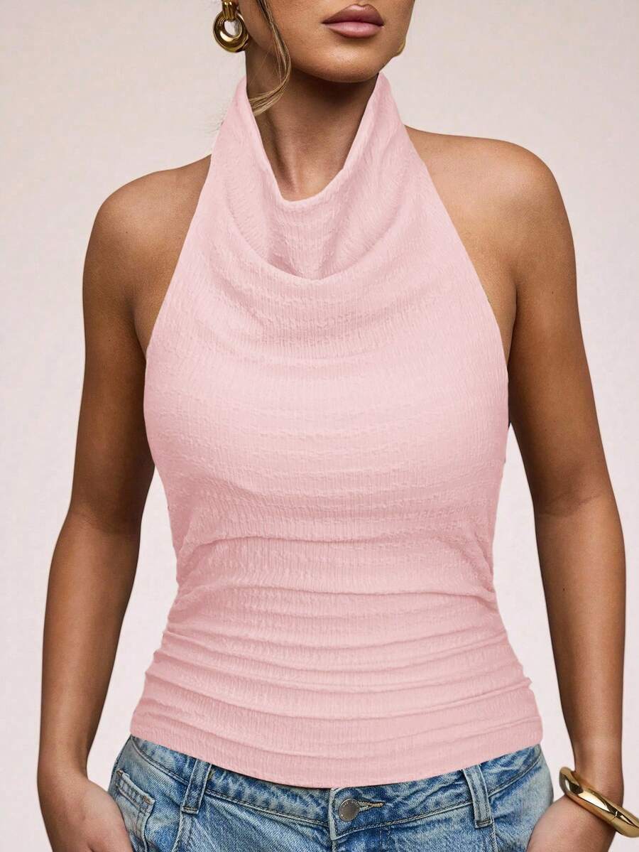 SHEIN BAE 女士 Y2K 纯色深V领修身垂褶领吊带背心 - 粉色 - 查看 1