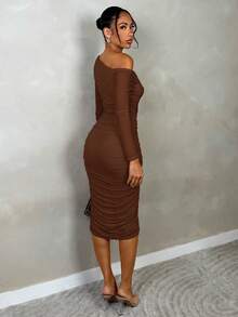 SHEIN BAE 女士秋季褶皱网纱优雅约会派对中长连衣裙，修身长袖 - 棕色 - 查看 2