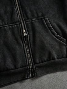 SLATEMANN Manfinity Streetrush 男士街头风格流行 INS 搭配水洗复古深色哥特式休闲街头服饰，男友/丈夫礼物，周年纪念礼物，时尚拉链黑色水洗连帽衫，秋冬 - 黑色 - 查看 7