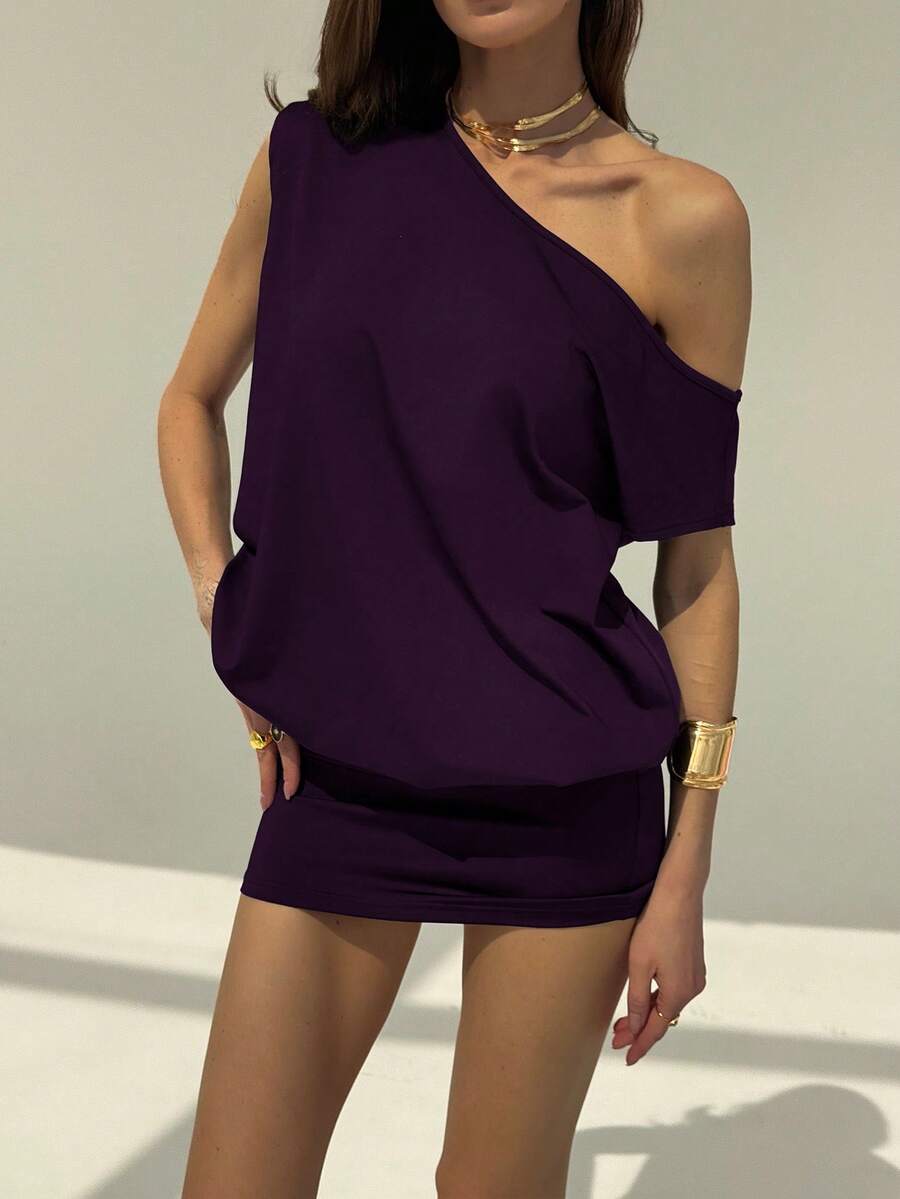 Aloruh 现代外向年轻女士不对称肩短袖紧腰迷你连衣裙 - 紫色 - 查看 1