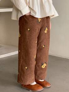 DAZY 女童花卉刺绣口袋阔腿宽松休闲裤