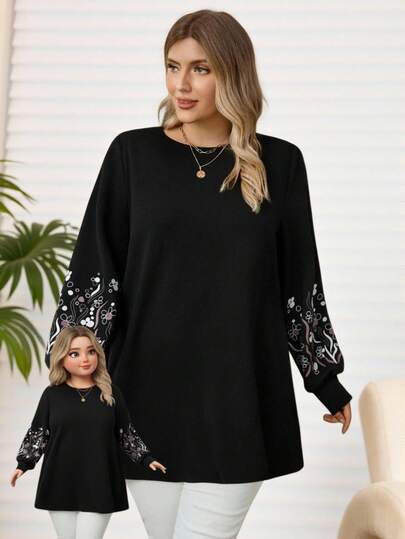 Rosumi 大码女式宽松圆领刺绣袖口T恤，感恩节女士T恤，黑色刺绣T恤，秋冬款，2025新款