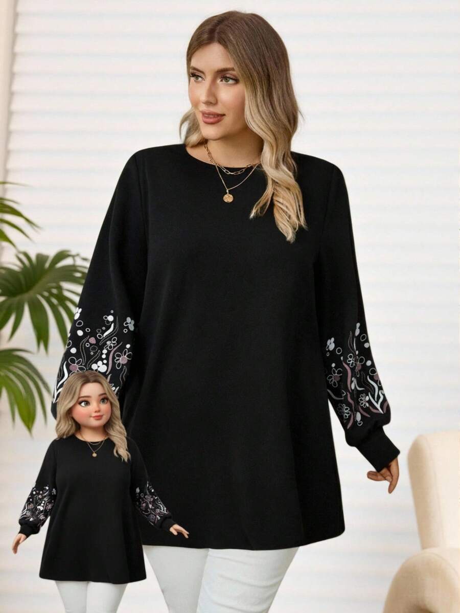 Rosumi 大码女式宽松圆领刺绣袖口T恤，感恩节女士T恤，黑色刺绣T恤，秋冬款，2025新款 - 黑色 - 查看 1