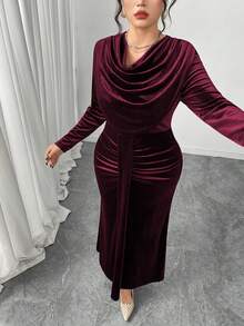 Modelyn Elegant Velvet Draped Neck Long Sleeve Fitted Regular Plus Size Dress, Spring/Autumn - Burgundy - View 6