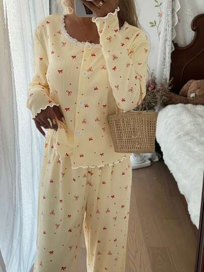 SHEIN 2pcs Bow & Lace Trim Decor Round Neck Top & Pants Pajama Set, Winter Clothes Yellow Pajama Set Yellow Pj Set Bow Pajama Set Pajamas Set Two Piece
